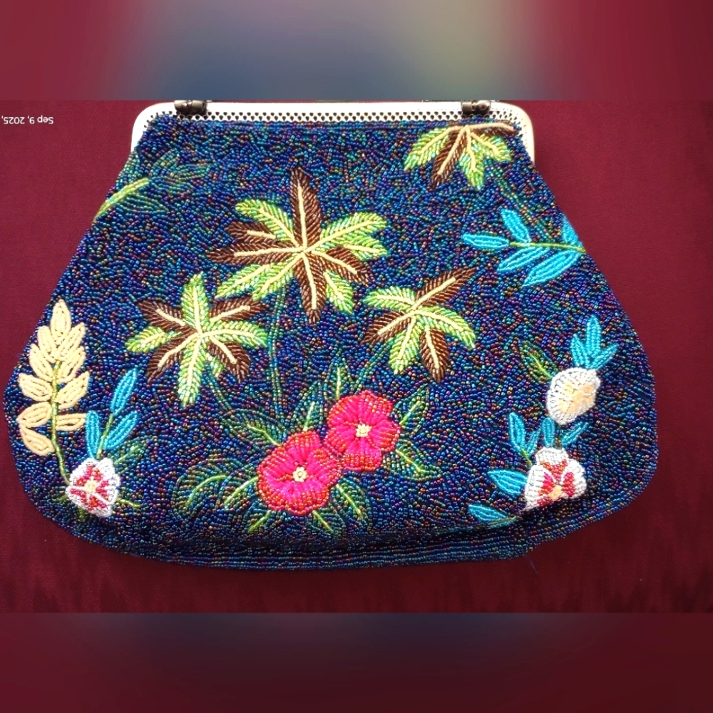 BEAUTIFUL FULLY BEADED CLUTCH/ SHOULDER BAG, MULTICOLOR, 12x9.5x 4" METAL HANDLE